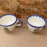 Pair antique quimper cb ceramic beige blue france cup #b287
