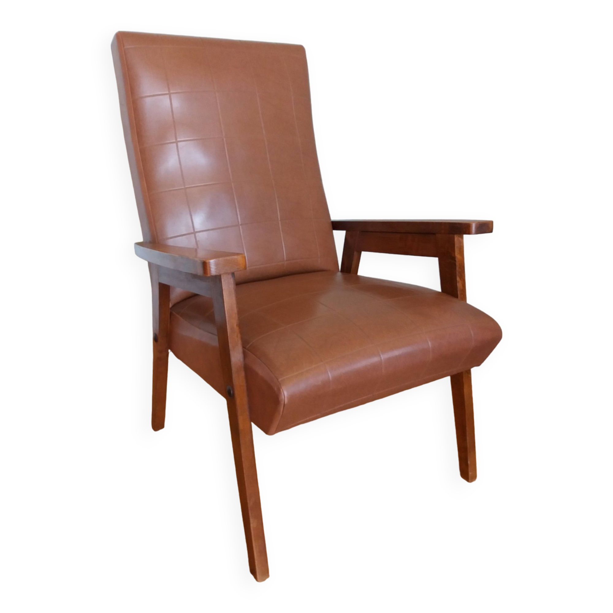 Scandinavian brown skai and wood armchair