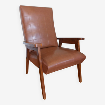 Fauteuil scandinave skaï marron et bois