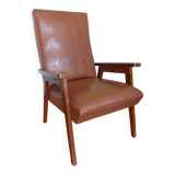 Scandinavian brown skai and wood armchair