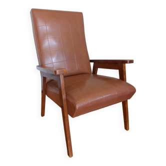 Scandinavian brown skai and wood armchair