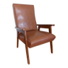 Scandinavian brown skai and wood armchair