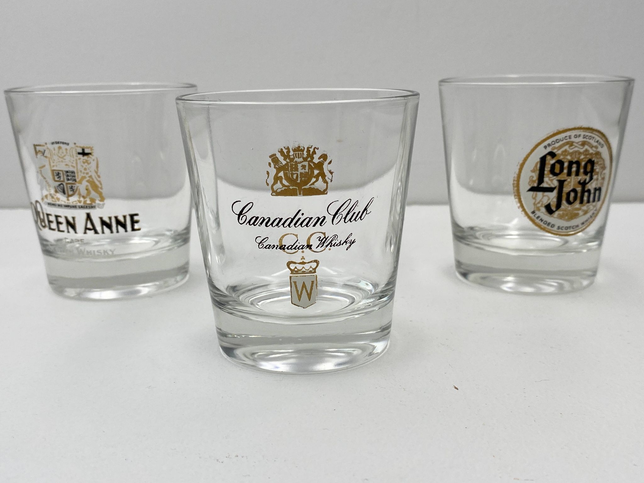 3 Vintage Canadian Club Whiskey Glasses, Long John and Queen Anne