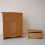 Wooden doll furniture, wardrobe and chest