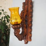 Wall sconce wooden and yellow glass tulip globe