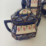Art deco tea set in cream and blue faience signed. HB de la Hubaudière, Quimper. Around 1930