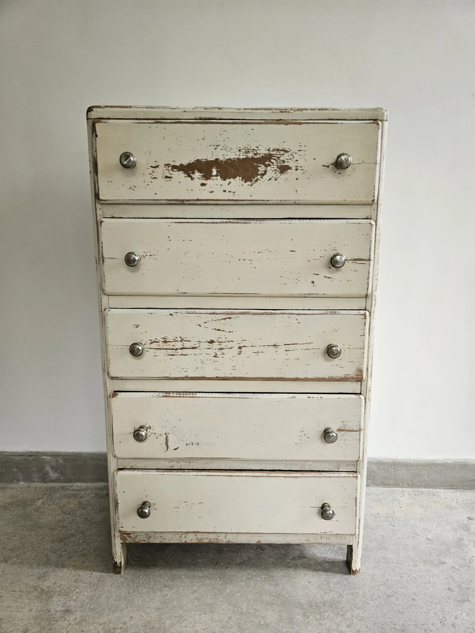 Chiffonier semainier parisien commode 5 tiroirs bois blanc vintage anc