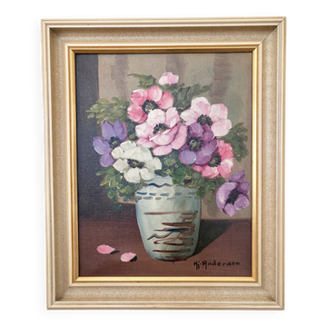 Peinture à l'huile florale vintage originale, nature morte florale signée