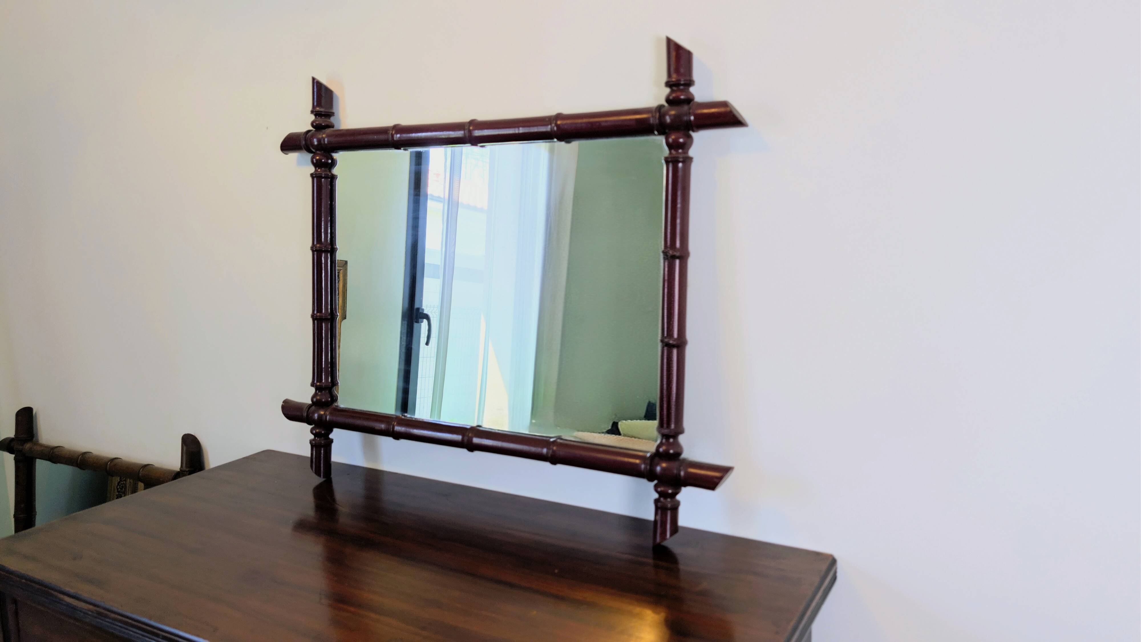 Vintage mirror with a bamboo effect in burgundy, chic exotic style - 79 x 64 cm