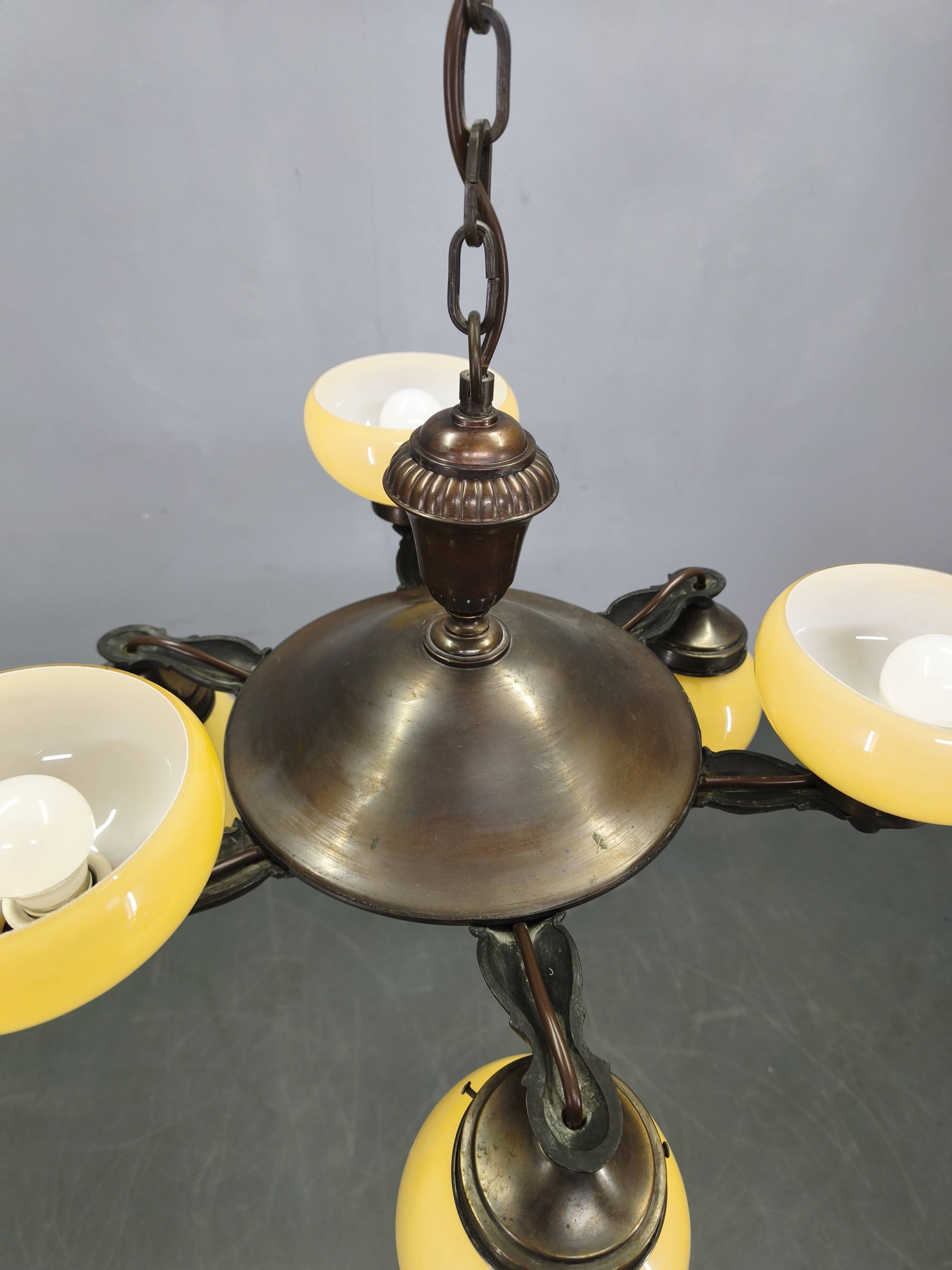 Art Deco Chandelier in Czech Brass with Cream Glass, 1920s