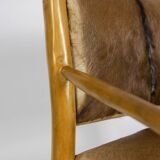 Brutalist style armchair in elm and goatskin, 1970s