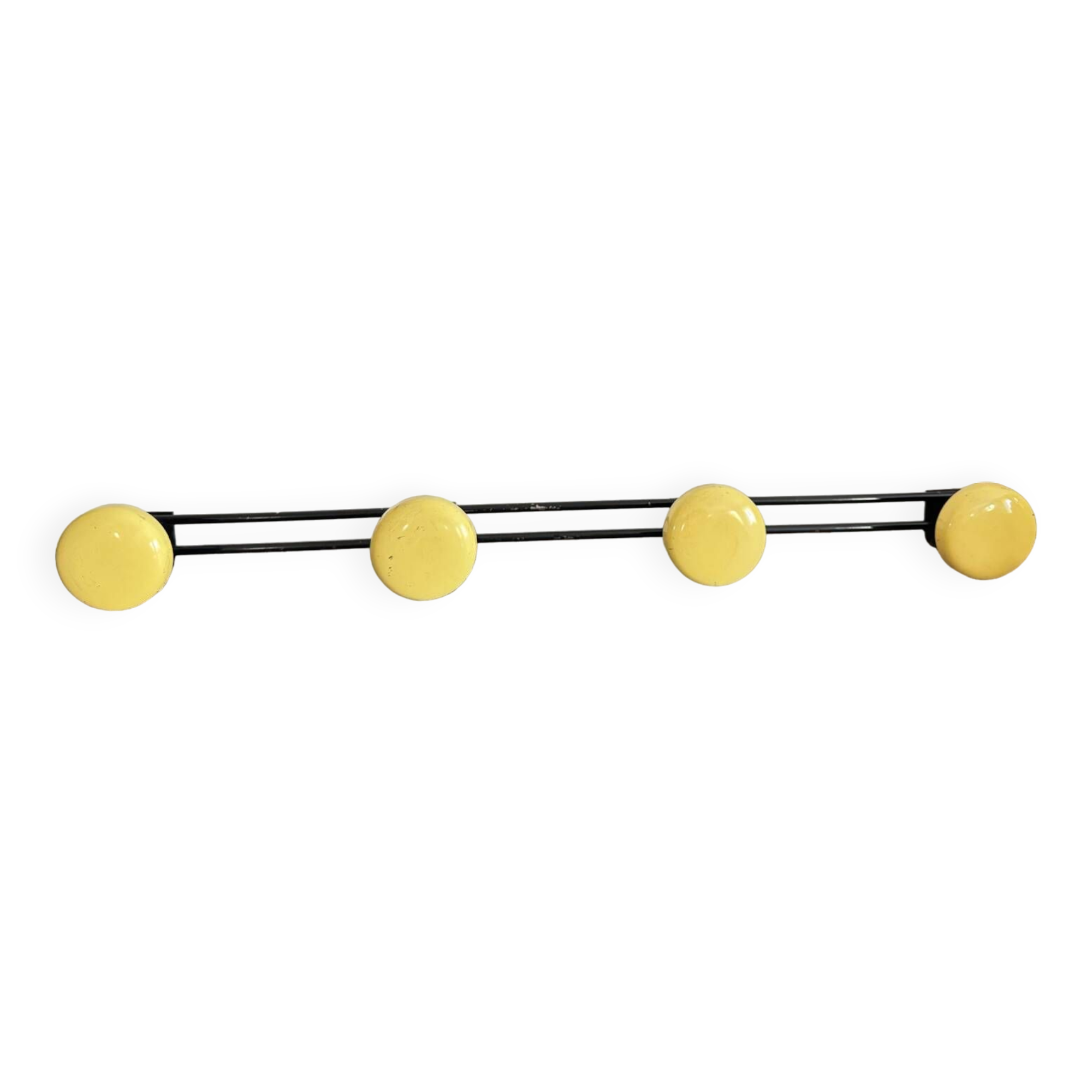 Wall coat rack with 4 vintage yellow metal hooks