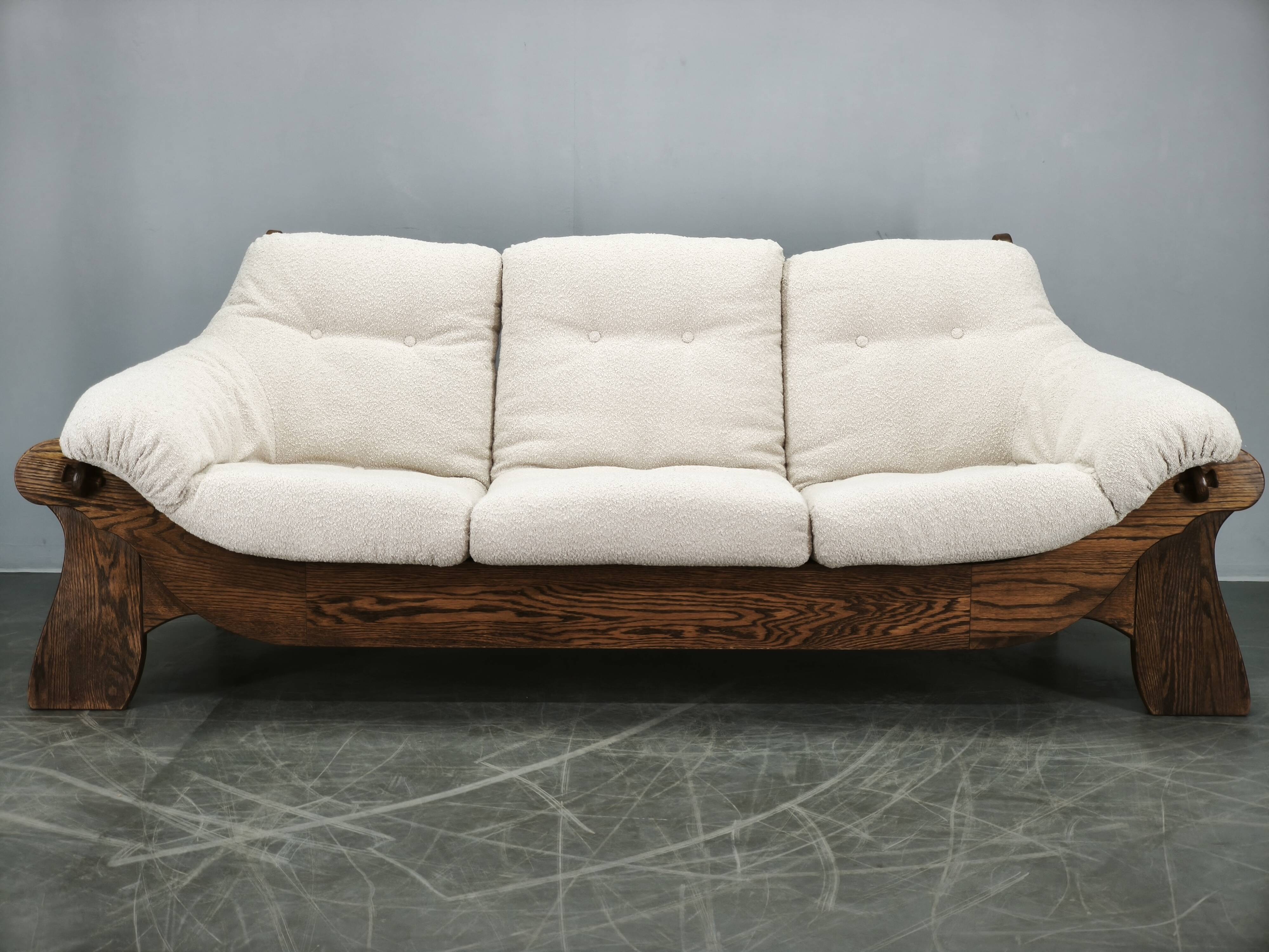Brutalist Solid Oak and Bouclé Three-Seat Sofa, Czechoslovakia 1970s