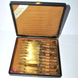 Set of 12 vintage gilded brass and wood cheese knives 1950 Coutelier Martin
