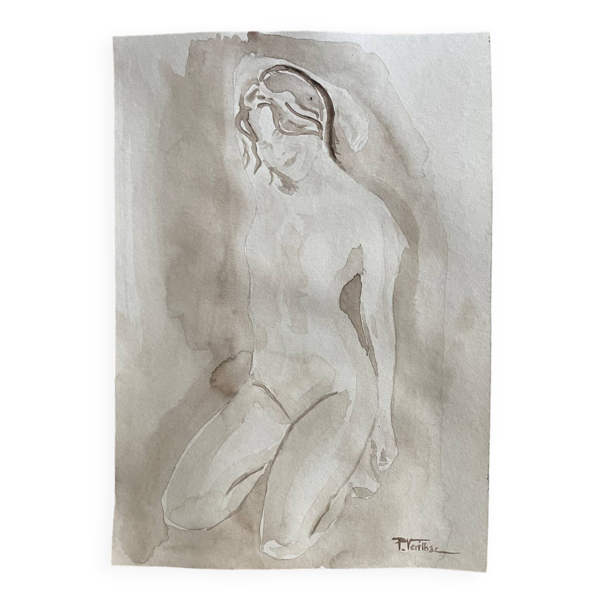 Signed watercolour monochrome painting "Hammam" of a female portrait.