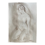 Signed watercolour monochrome painting "Hammam" of a female portrait.