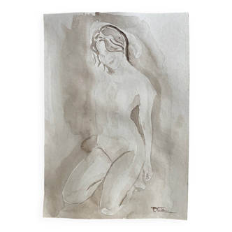 Signed monochrome watercolor painting of a female portrait “Hammam”