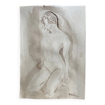 Signed watercolour monochrome painting of a female portrait "Hammam"