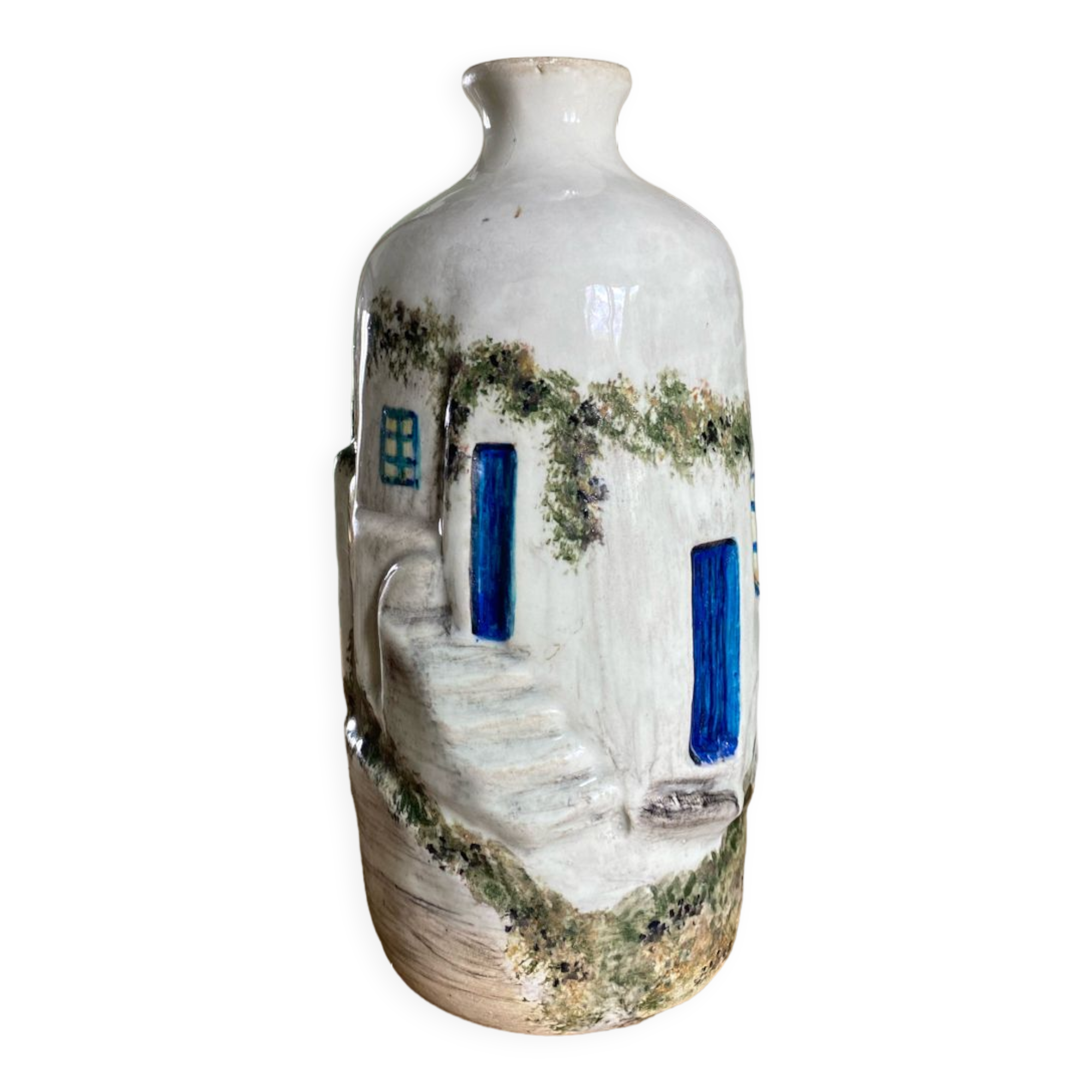 Handcrafted ceramic vase village scene Crete 70s
