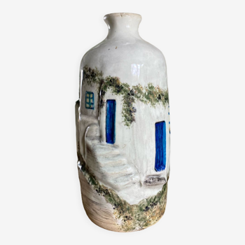 Handcrafted ceramic vase village scene Crete 70s