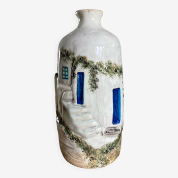Vase en céramique artisanal scène village Crète 70s