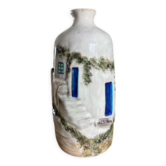 Handcrafted ceramic vase village scene Crete 70s