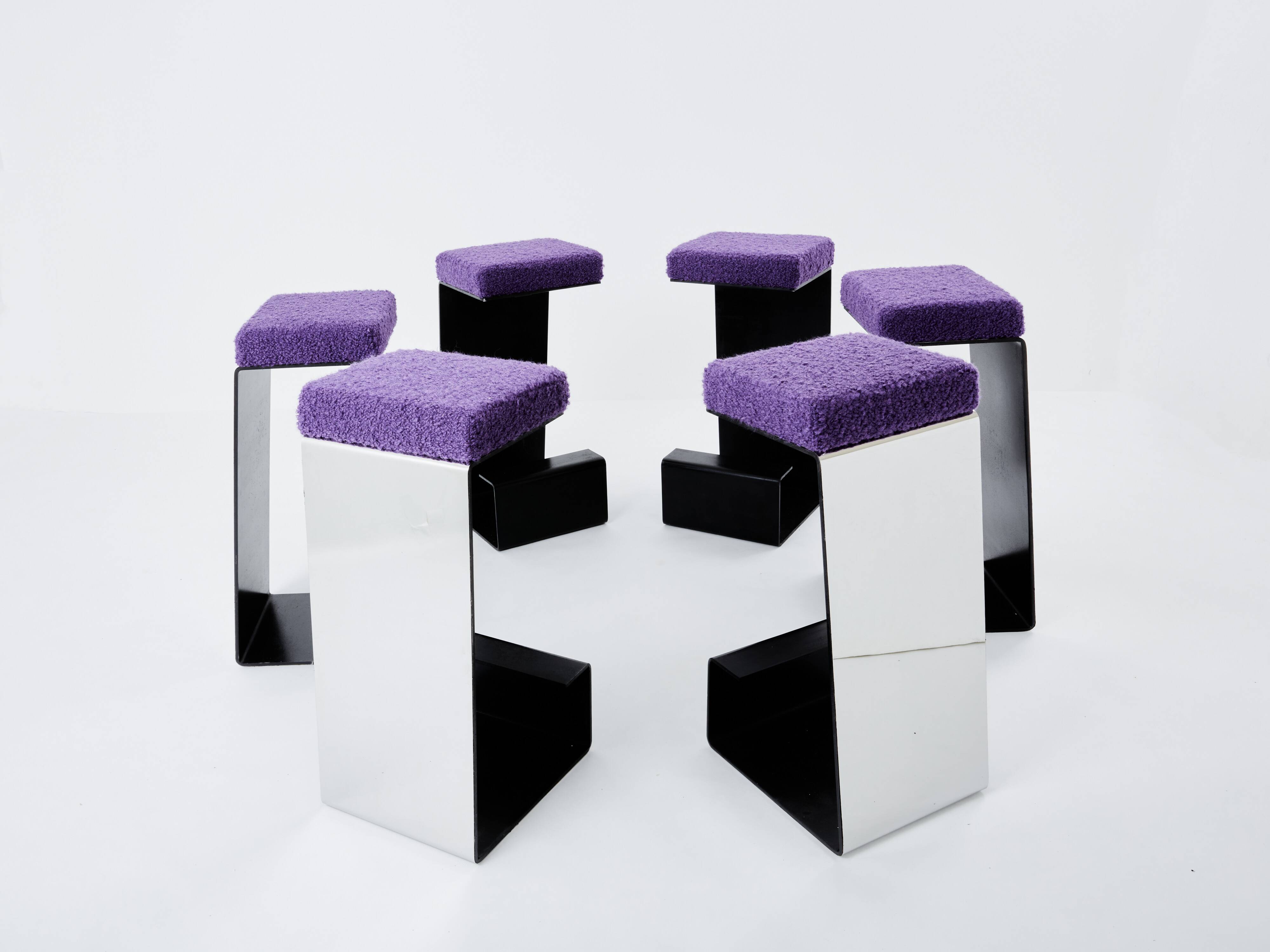 Set of 6 wrought iron bar stools polished steel curly wool 1970