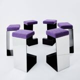 Set of 6 wrought iron bar stools polished steel curly wool 1970