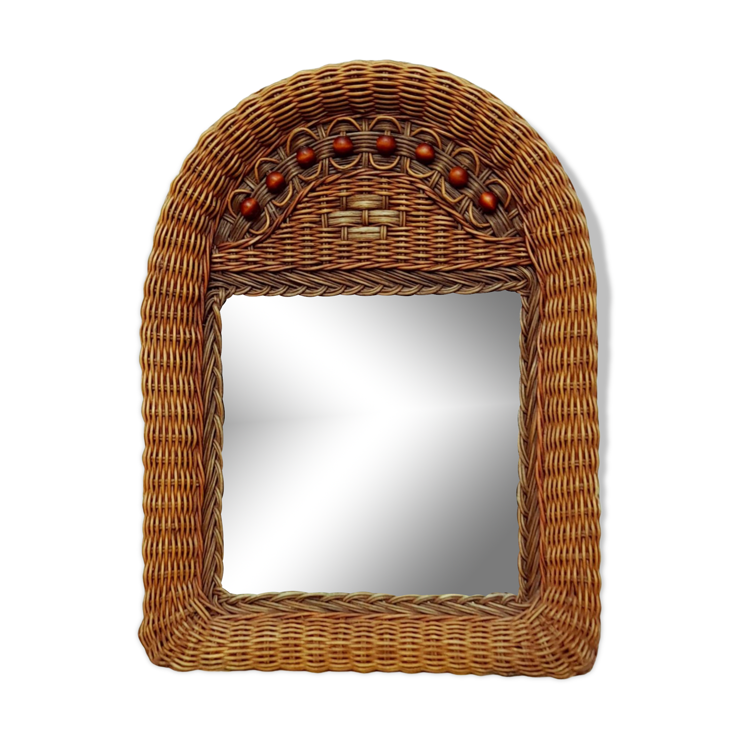 Woven wicker mirror and wooden beads 60s