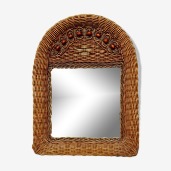Woven wicker mirror and wooden beads 60s