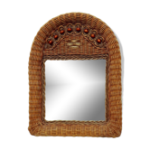 Miroir en osier tréssé et perles de bois 60s