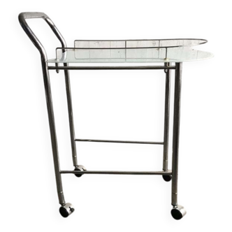 Chrome and transparent glass rolling dessert trolley, French Regency style from the 1960s.
