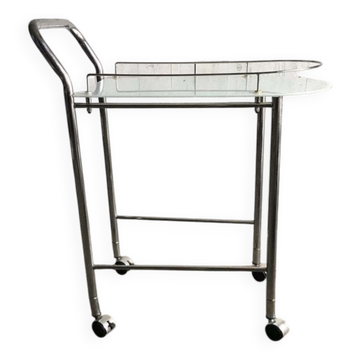 Chrome and transparent glass rolling dessert trolley, French Regency style from the 1960s.