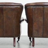 Set of 2 Cognac Brown Grained Cowhide Leather Chesterfield Armchairs