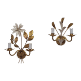 Paire d'appliques vintage fleur et feuille en laiton datant des années 1960