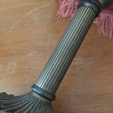 Old table/bedside lamp with glass shade with pink gradients and fringes.