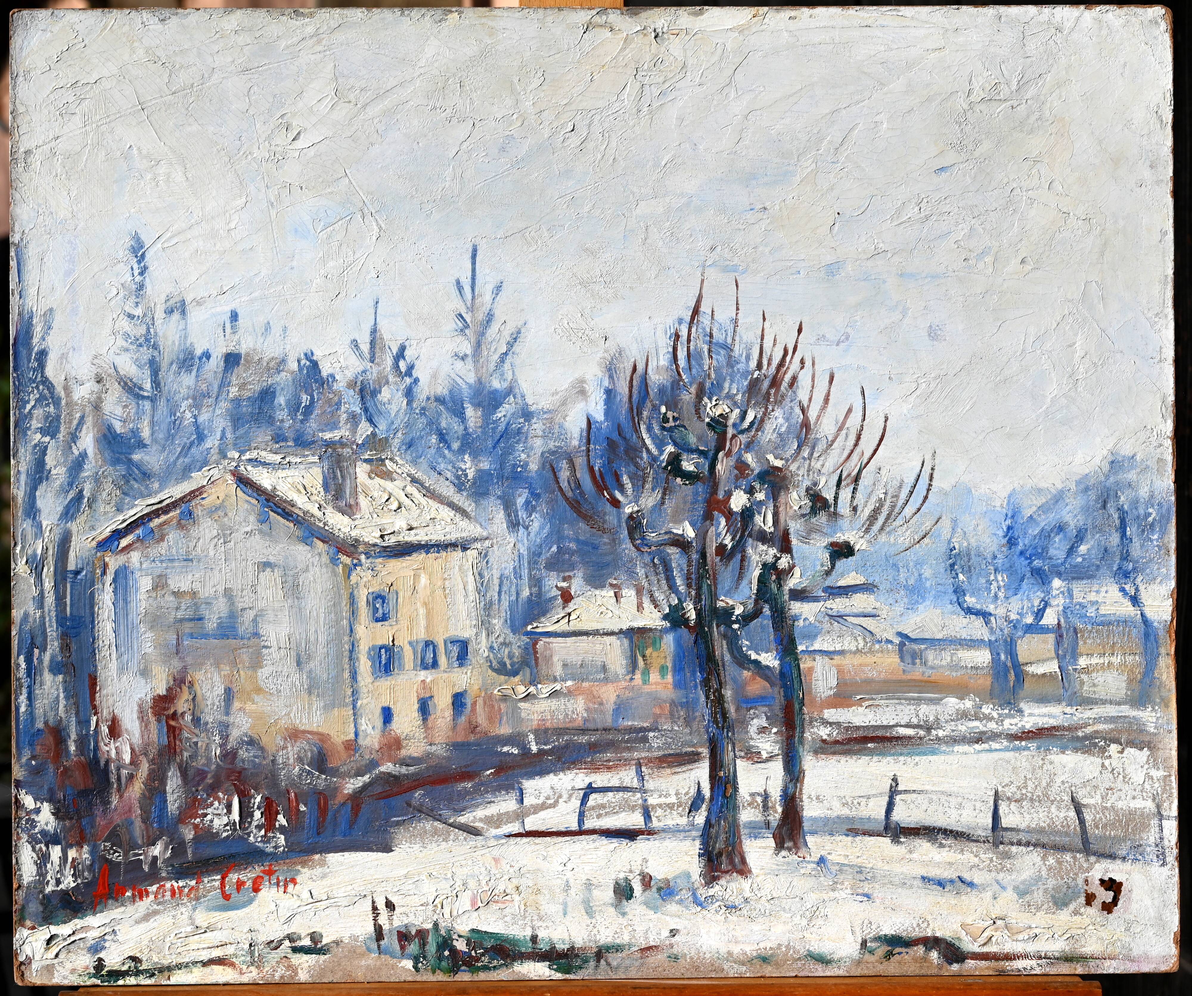 Hameau sous la neige, Lyon school, signed
