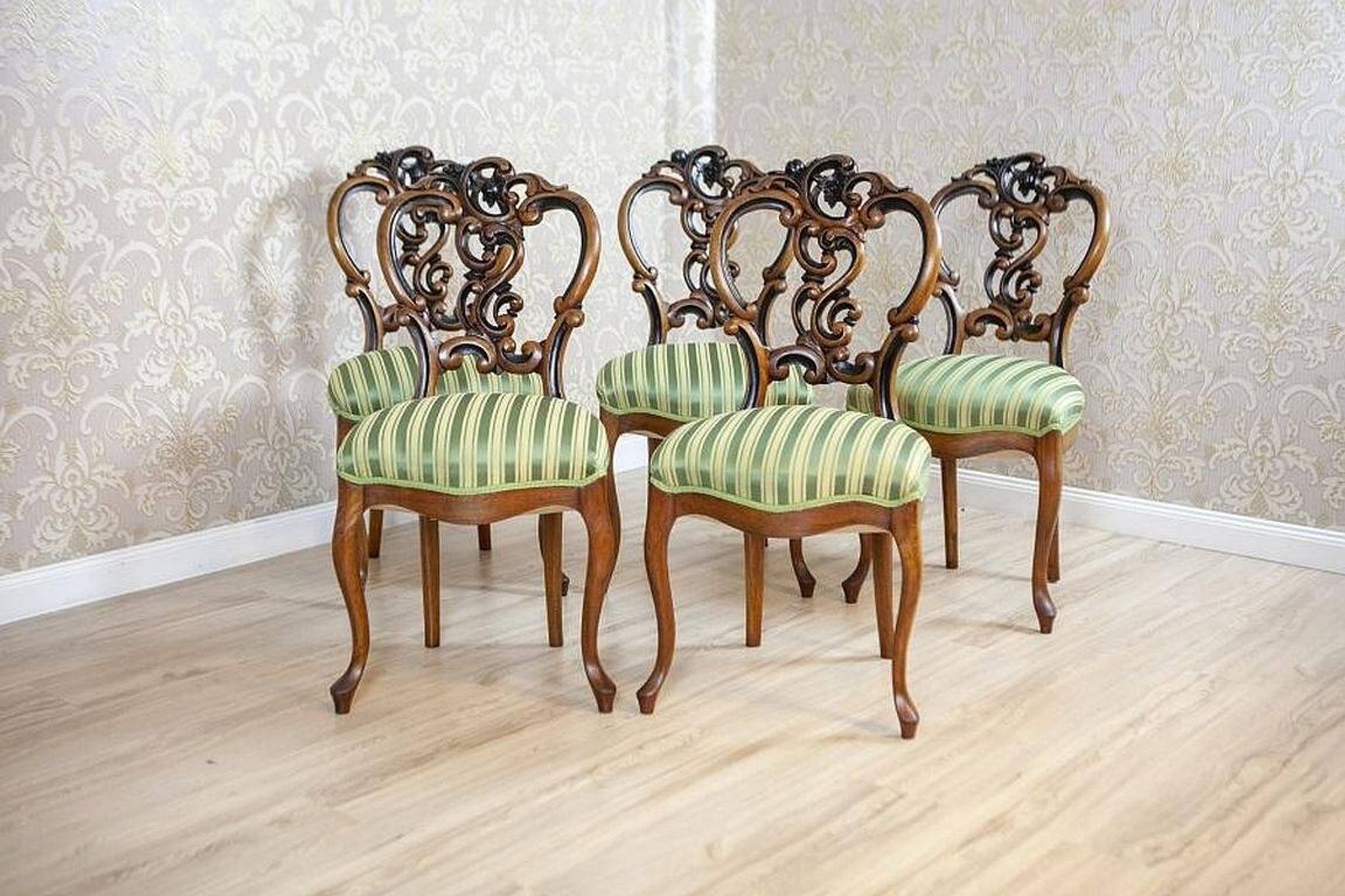 Vintage Walnut Chairs in Light Green, 1890s, Set of 5