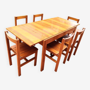 Table & 6 chaises en pin massif Années 80