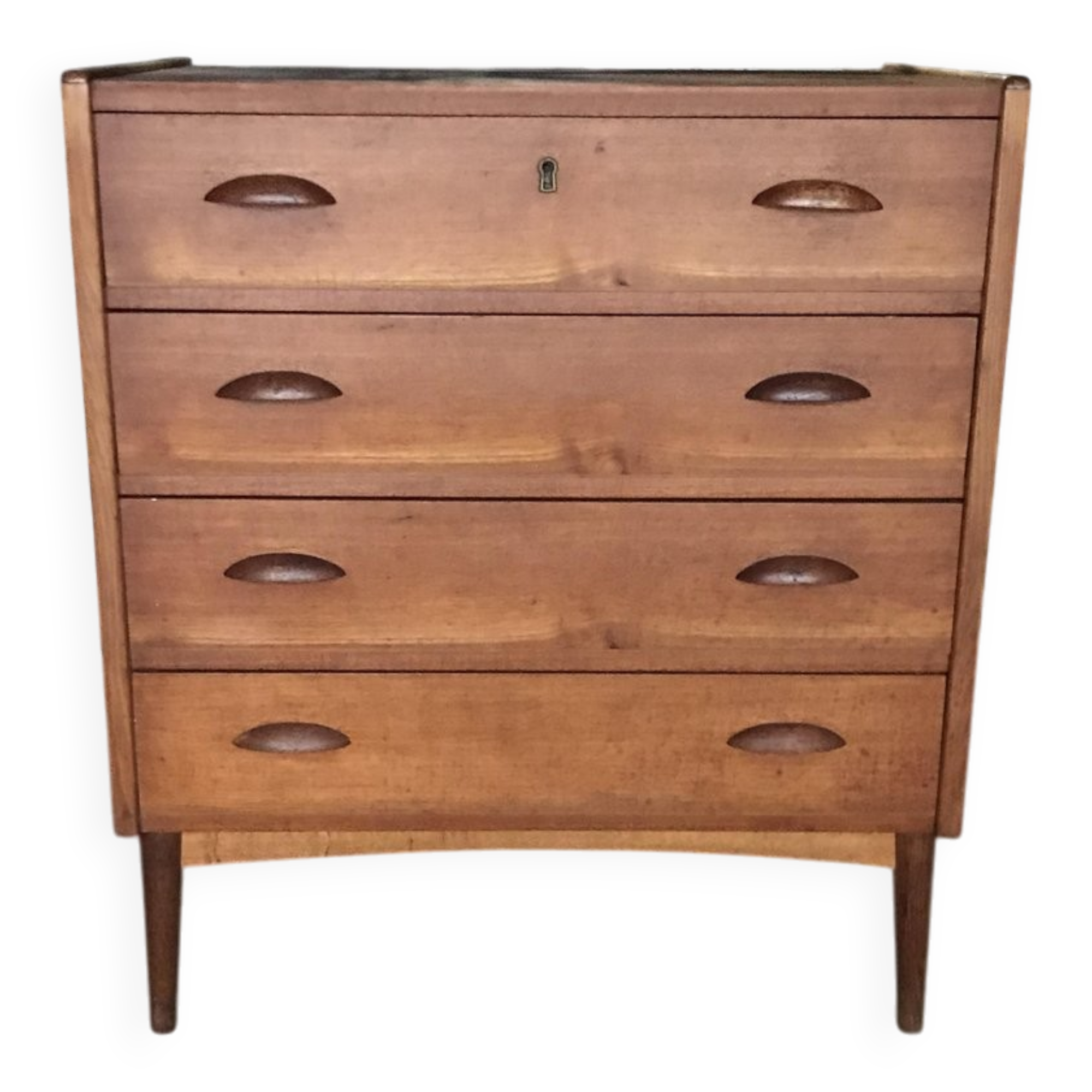 Danish commode from the 1960s in brown teak, with 4 drawers and elegant tapered legs.