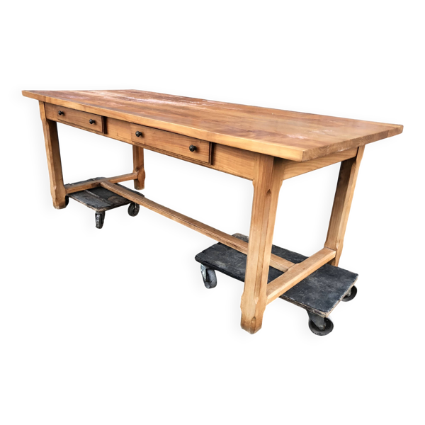 Table de ferme vendéenne à barre à chat avec 2 tiroirs en cerisier massif