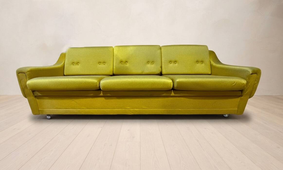 Canapé-lit pliant des années 50, 3 places en tissu moutarde / olive, Tchécoslovaquie, 208 × 100 × 65 cm