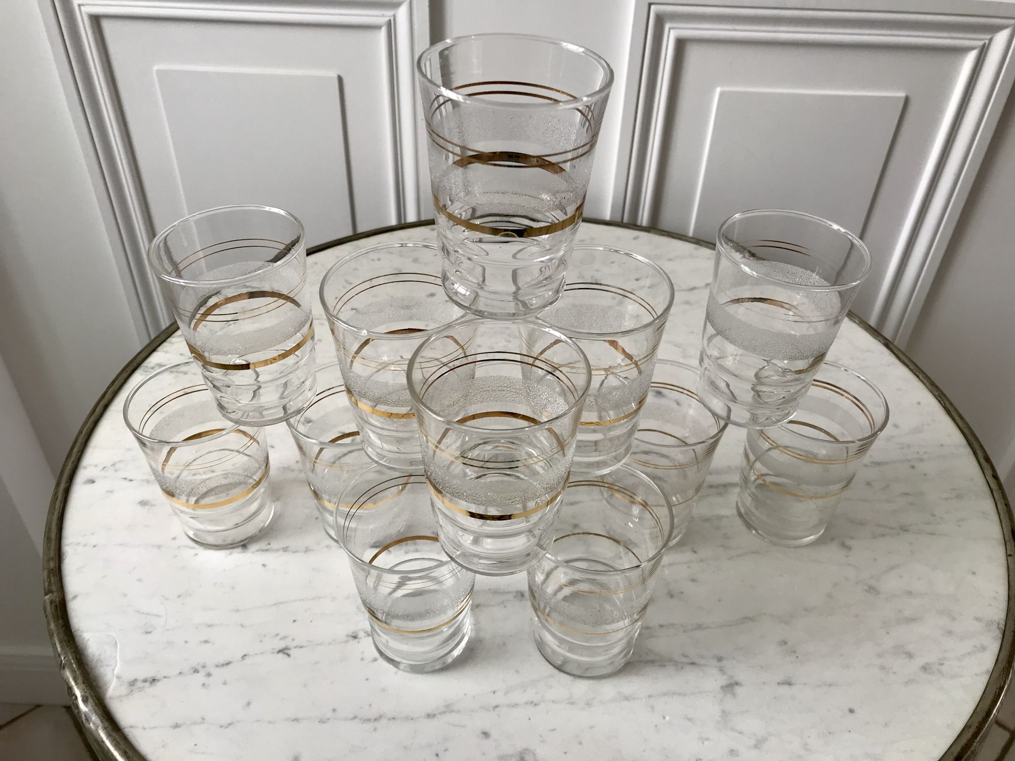 Set of 13 granite water glasses with golden borders 50s-60s