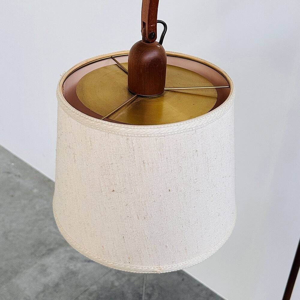Mid-century modern adjustable teak arc floor lamp with fabric shade, 1960s