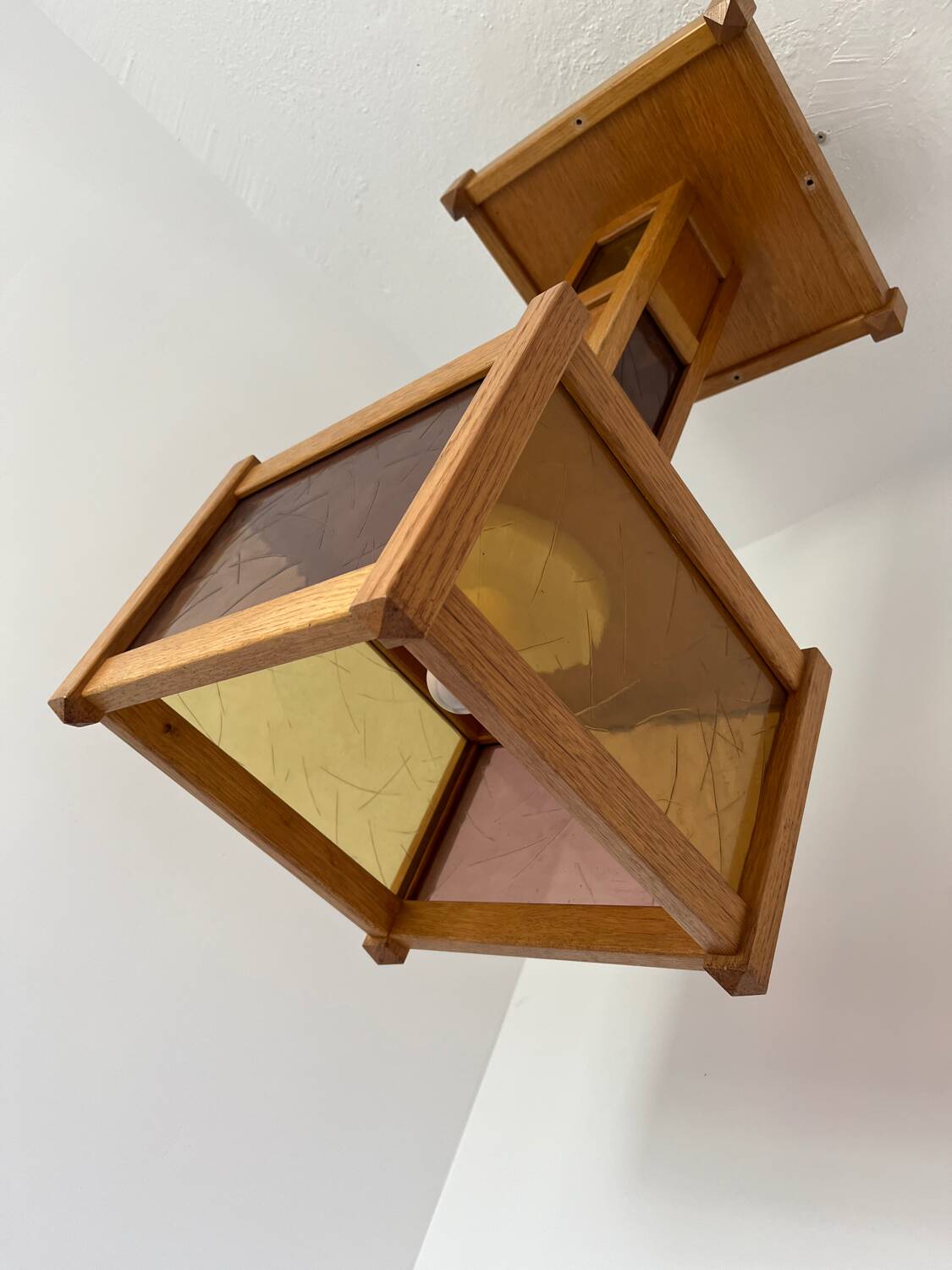 1960s wooden stained glass pendant light