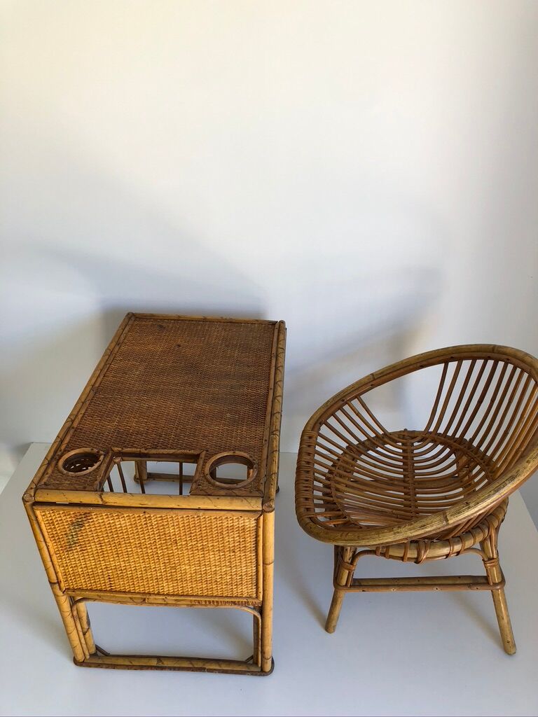 Children's rattan desk with matching chair