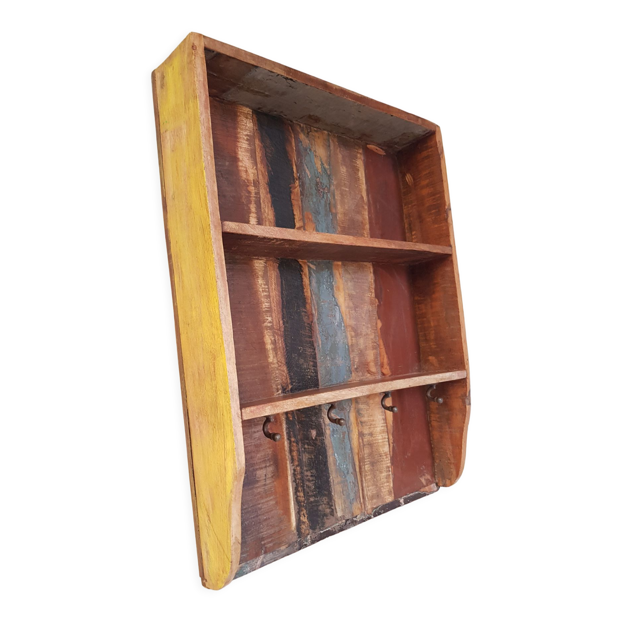 Wall shelf 3 shelves + 4 hooks cast iron in polychrome wood