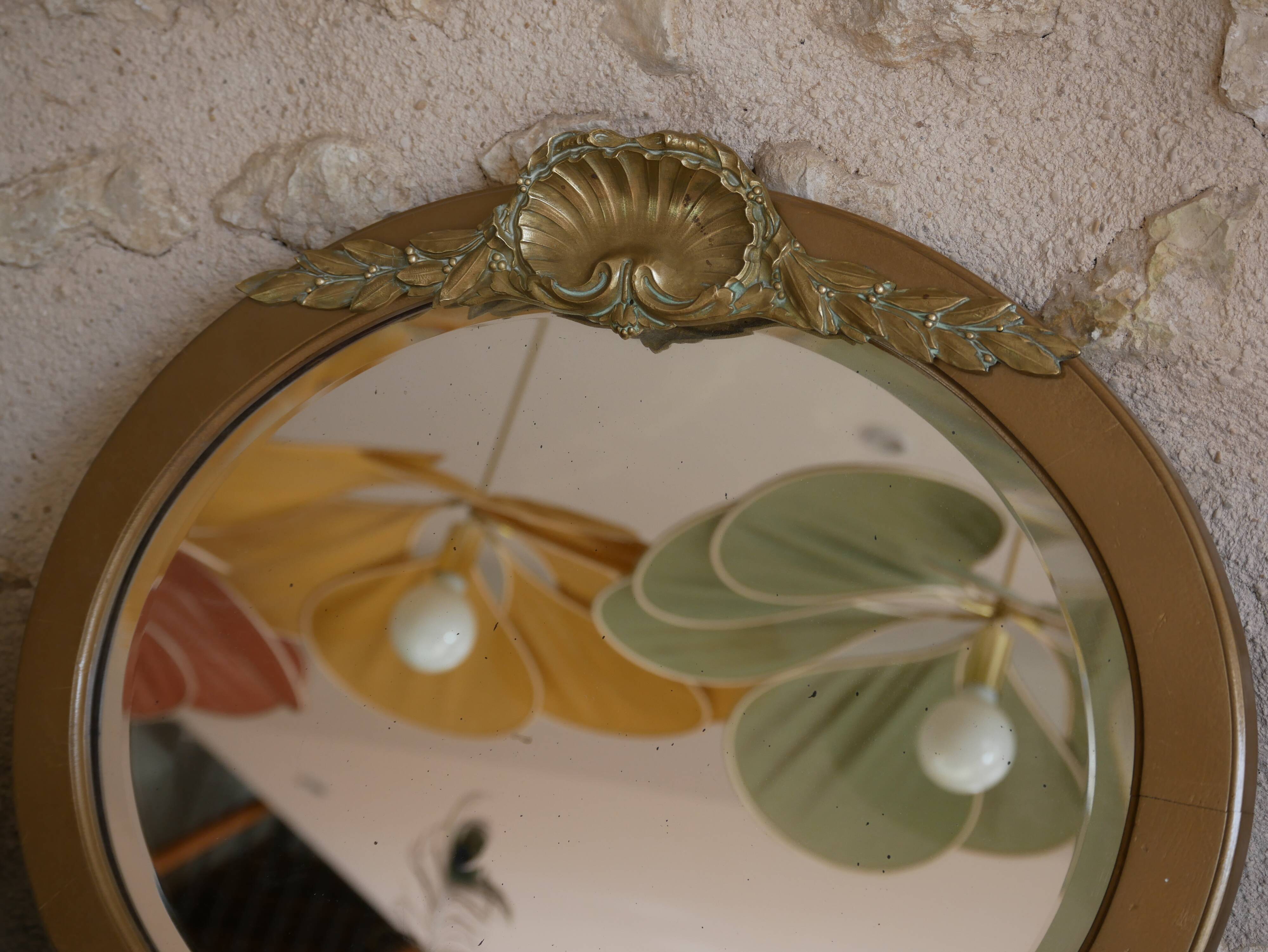 Golden wooden art deco oval mirror - 50x58cm