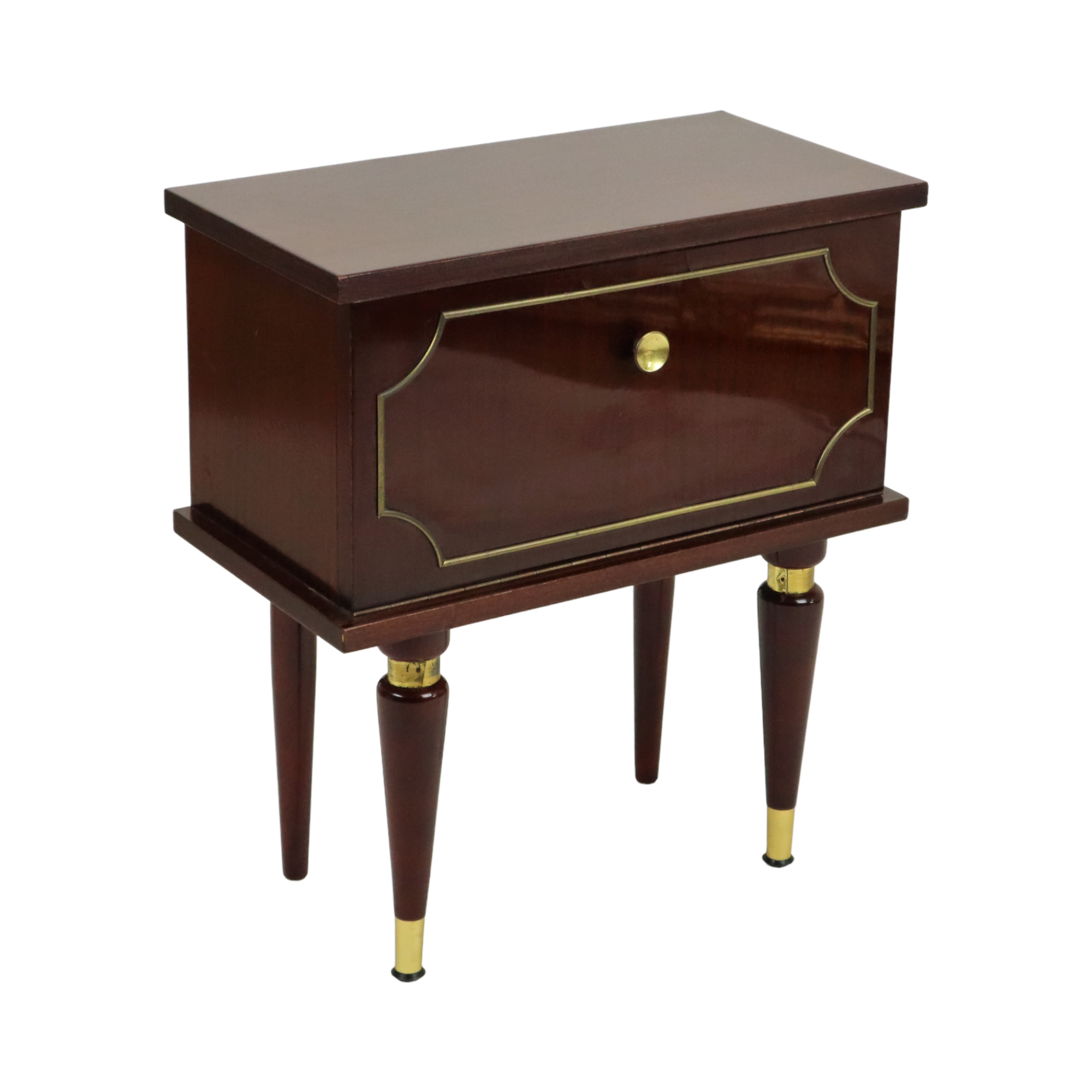 Koppel vintage nachtkastjes mahonie fineer messing regency stijl nachttafels 50cm