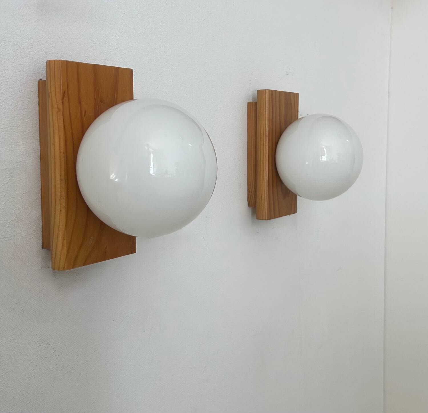 Pair of vintage wall lights, pine and opaline, France 1970